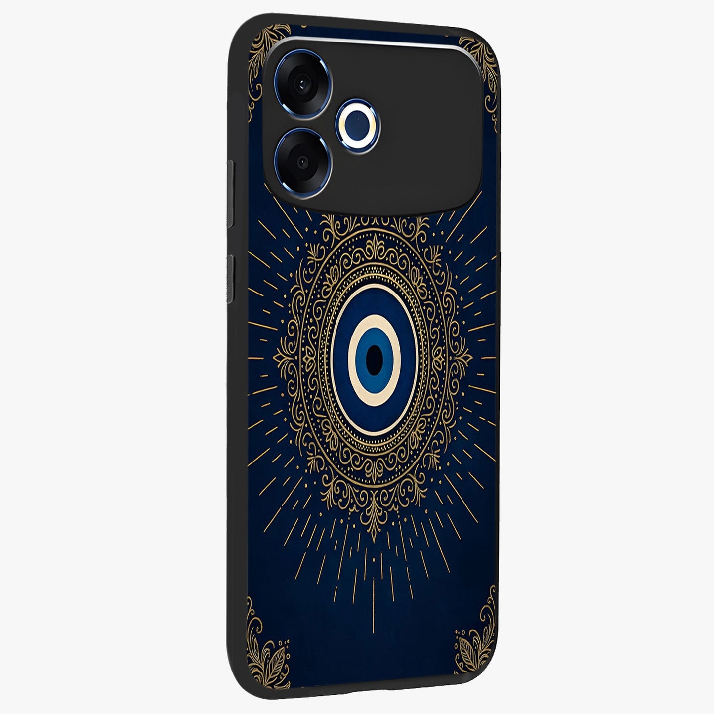 Golden Celestial Charm Glass Case upright view showcasing radiant celestial artwork with elegant golden theme.