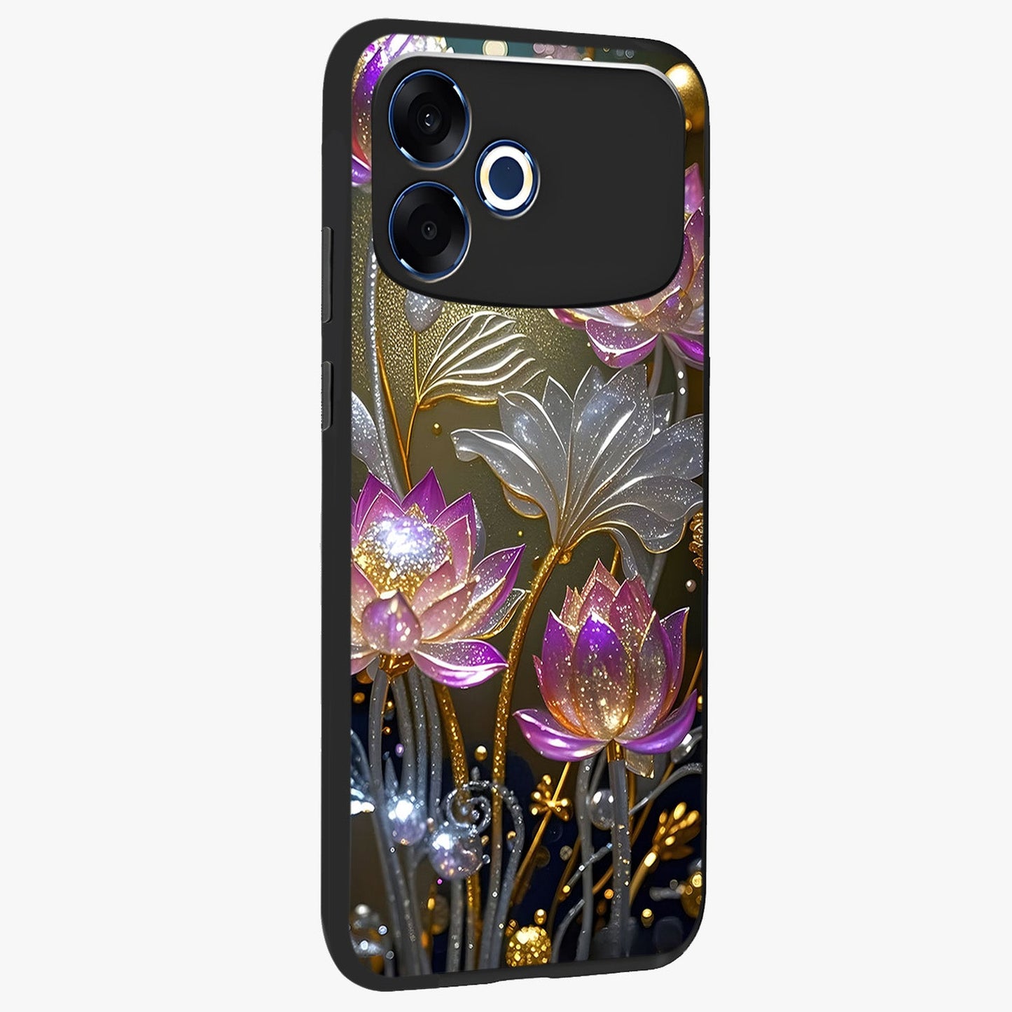 Golden Floral Majesty Glass Case upright view showcasing majestic floral artwork with rich decorative theme.