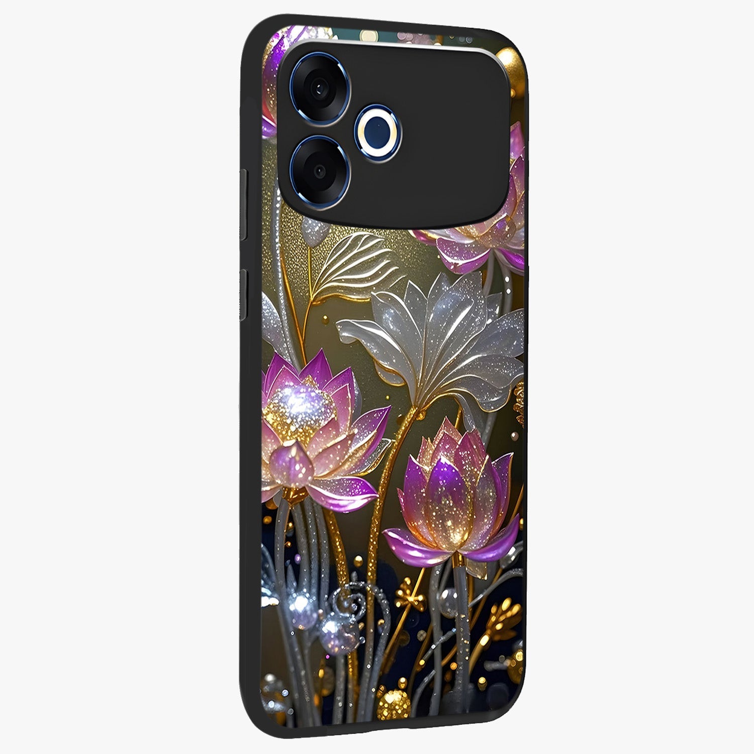 Golden Floral Majesty Glass Case upright view showcasing majestic floral artwork with rich decorative theme.