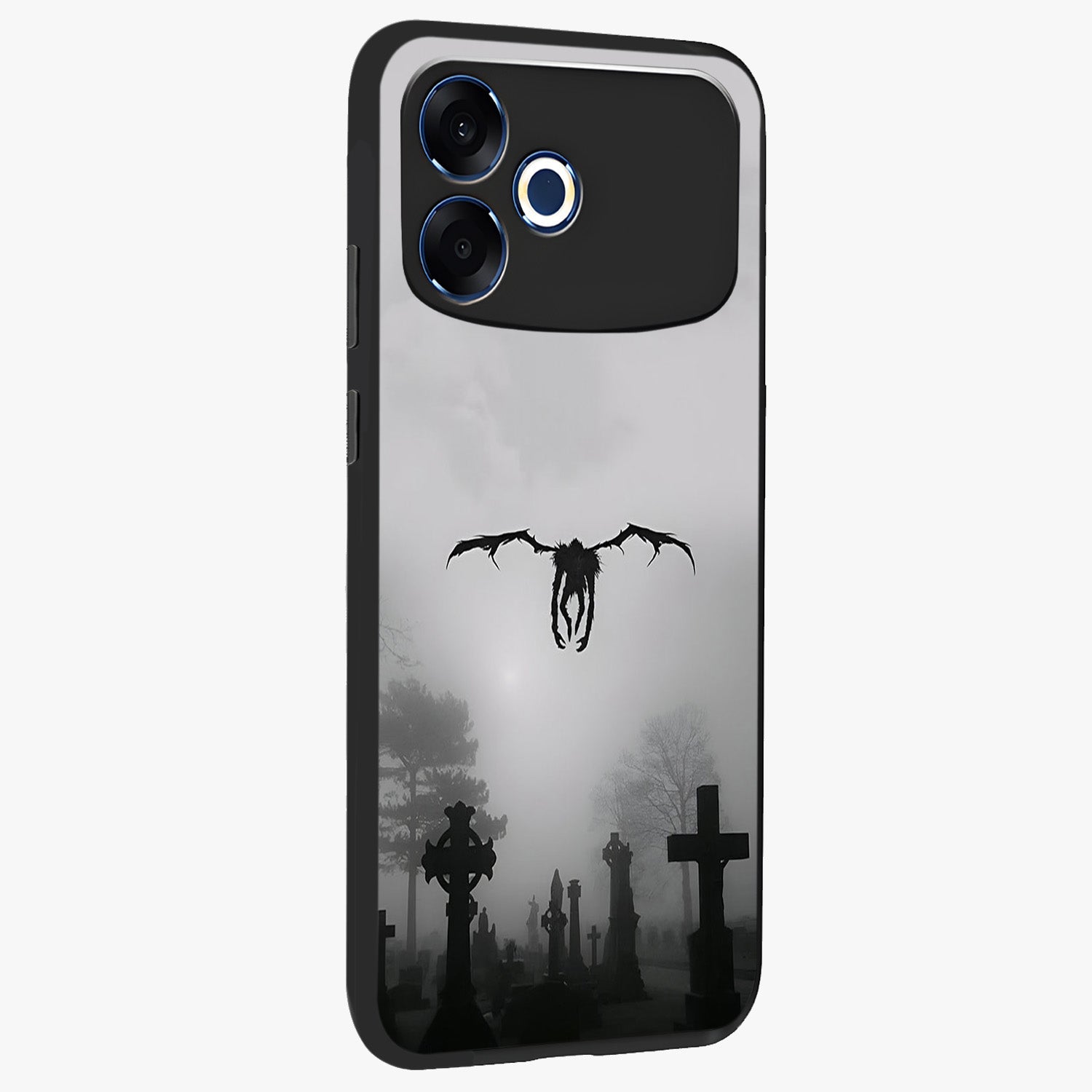 Graveyard Shadow Descent Glass Case upright view showcasing haunting graveyard artwork with dramatic dark theme.