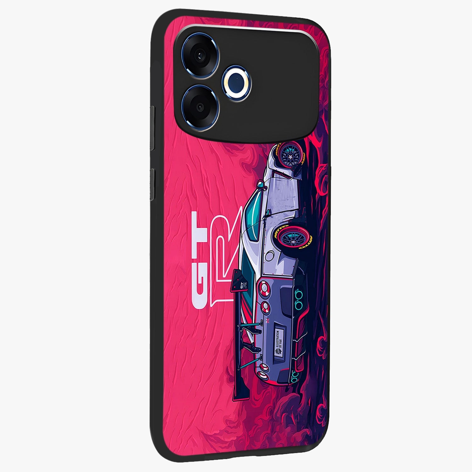 GT-R Car Pattern Glass Case upright view showcasing dynamic car pattern artwork with modern sports theme.