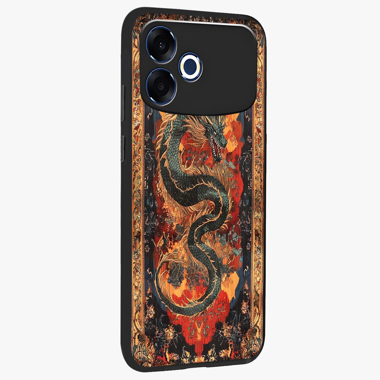 Inferno Dragon Soul Glass Case upright view showcasing intense dragon artwork with fantasy fire theme.