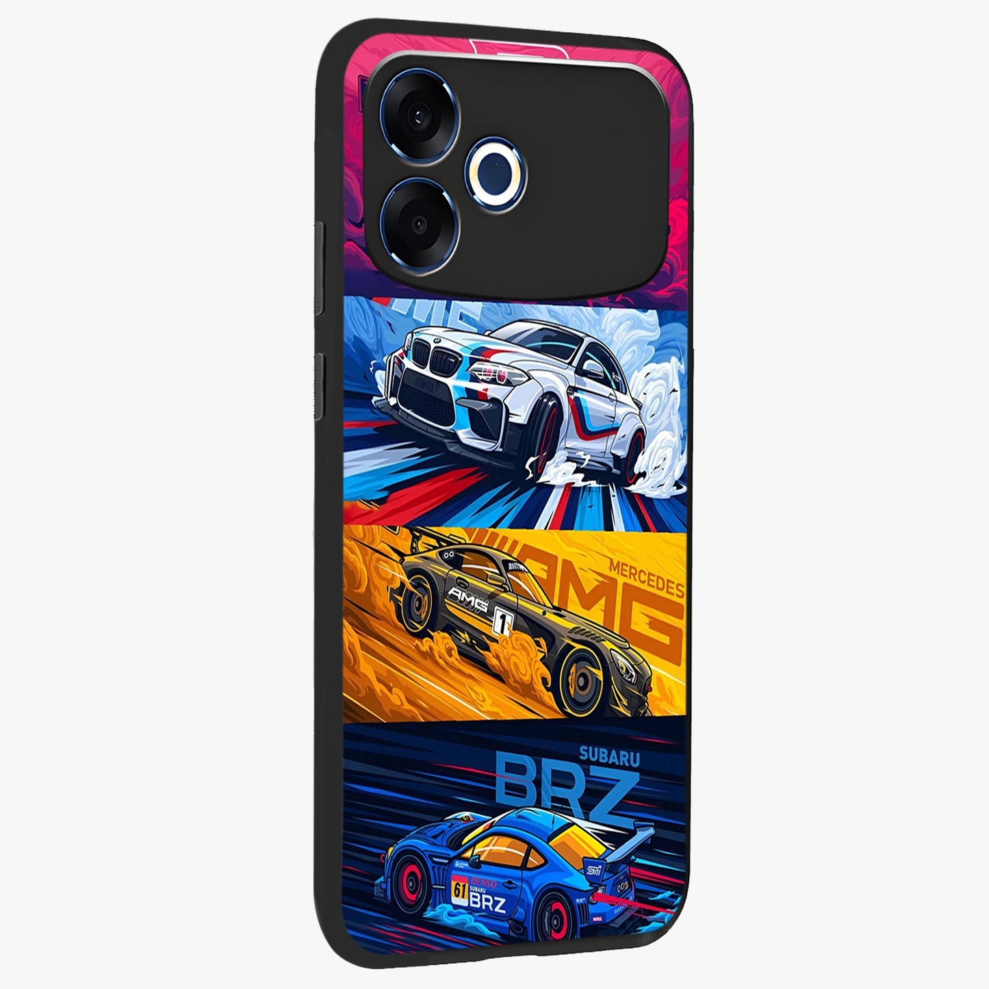 JDM Sports Car Glass Case upright view showcasing dynamic sports car artwork with bold racing theme.
