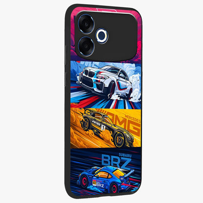 JDM Sports Car Glass Case upright view showcasing dynamic sports car artwork with bold racing theme.