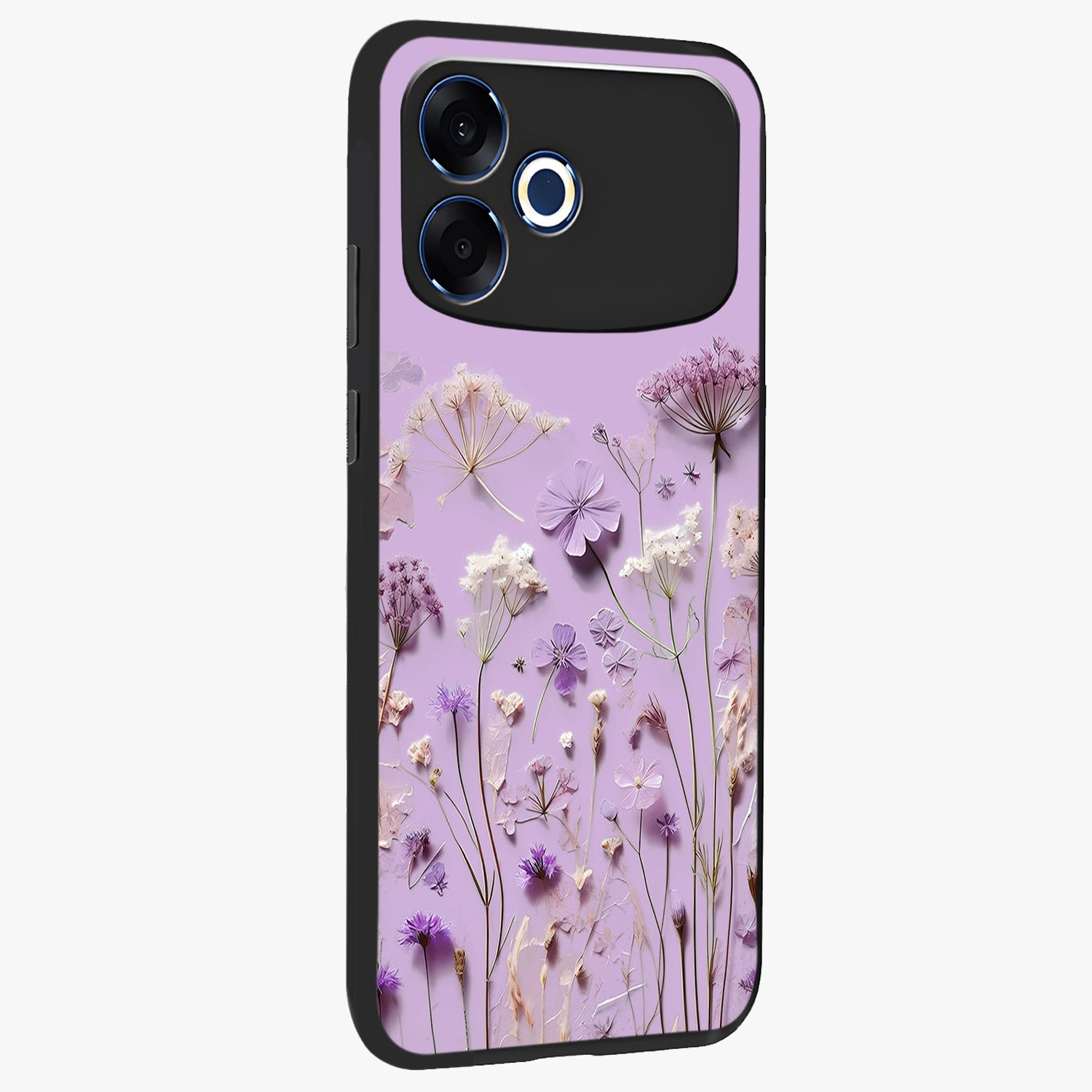 Lavender Blossom Dream Glass Case upright view showcasing delicate lavender blossom artwork with peaceful floral theme.