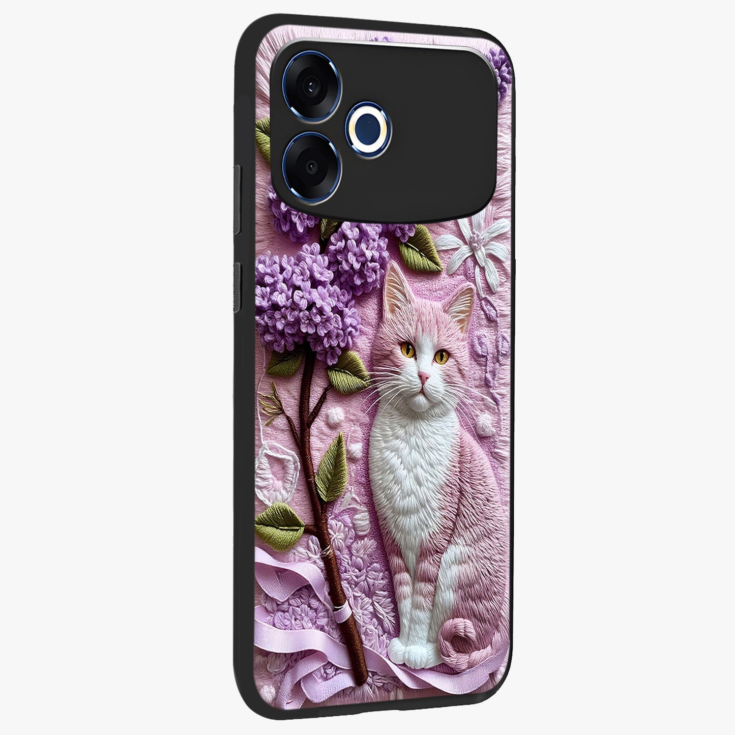 Lavender Cat Whimsy Glass Case upright view showcasing charming cat artwork with whimsical lavender theme.