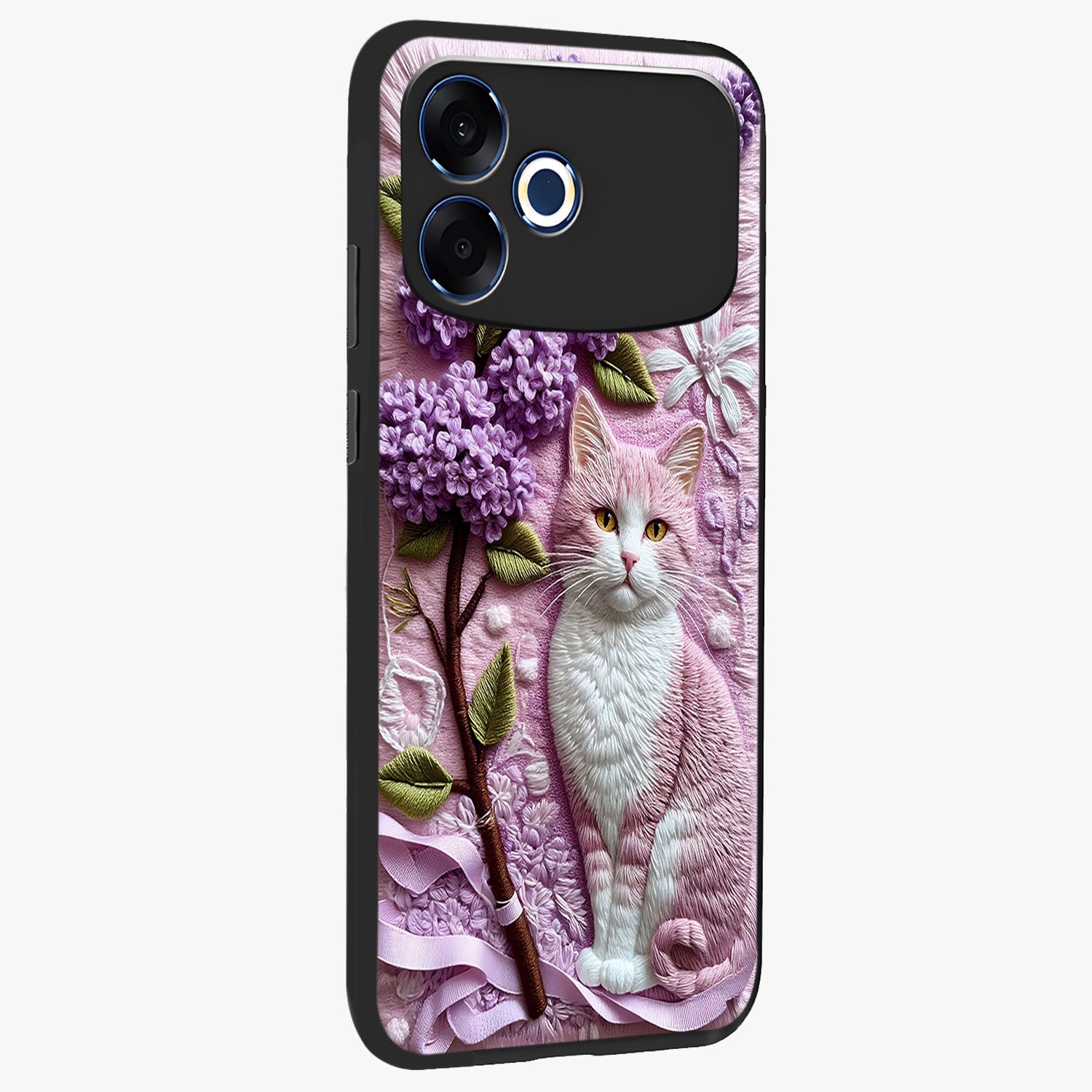 Lavender Cat Whimsy Glass Case upright view showcasing charming cat artwork with whimsical lavender theme.