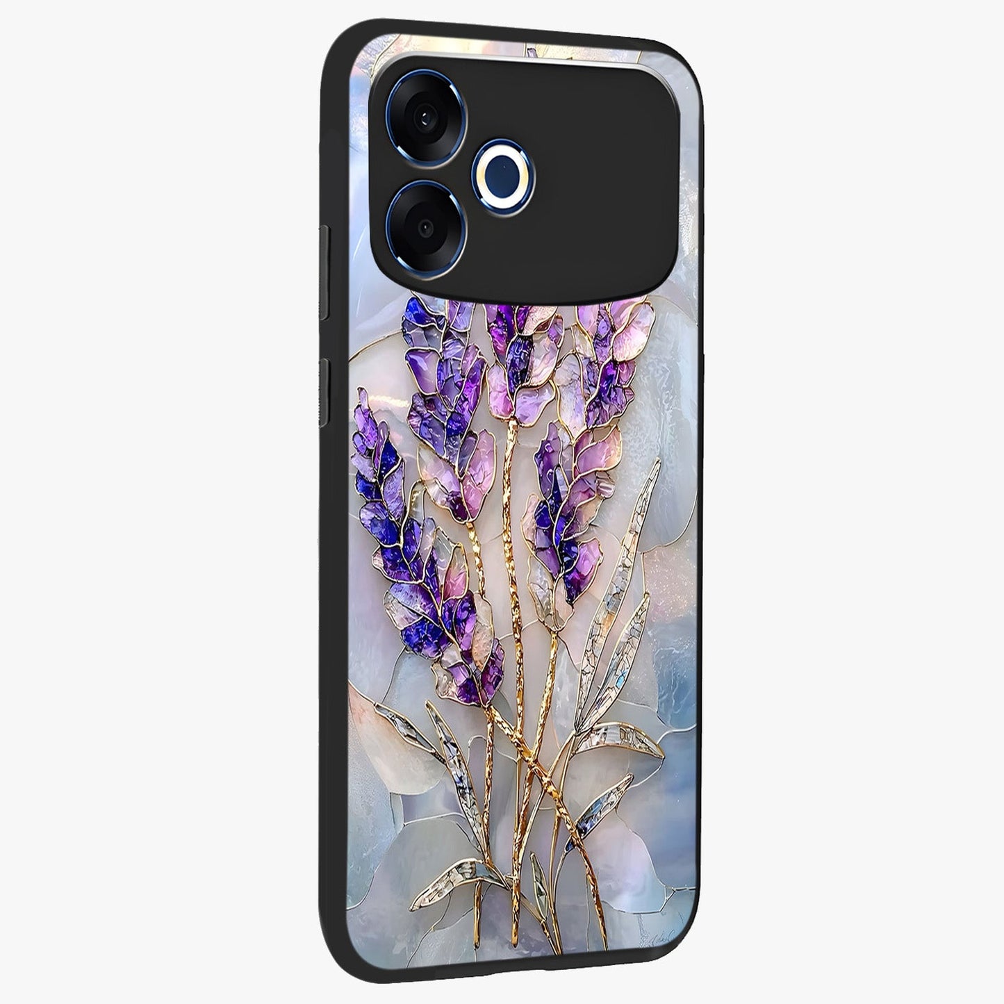 Lavender Dream Glow Glass Case upright view showcasing radiant lavender glow artwork with calming dreamy theme.