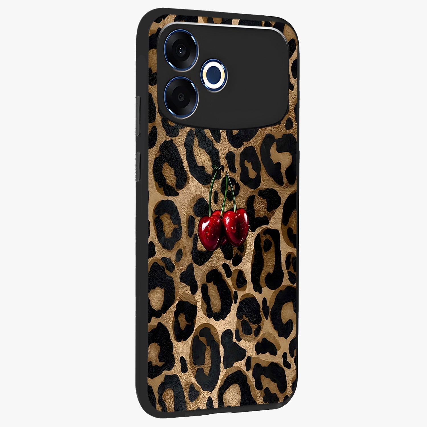 Leopard Wild Cherry Glass Case upright view showcasing stylish leopard pattern artwork with trendy fashion theme.