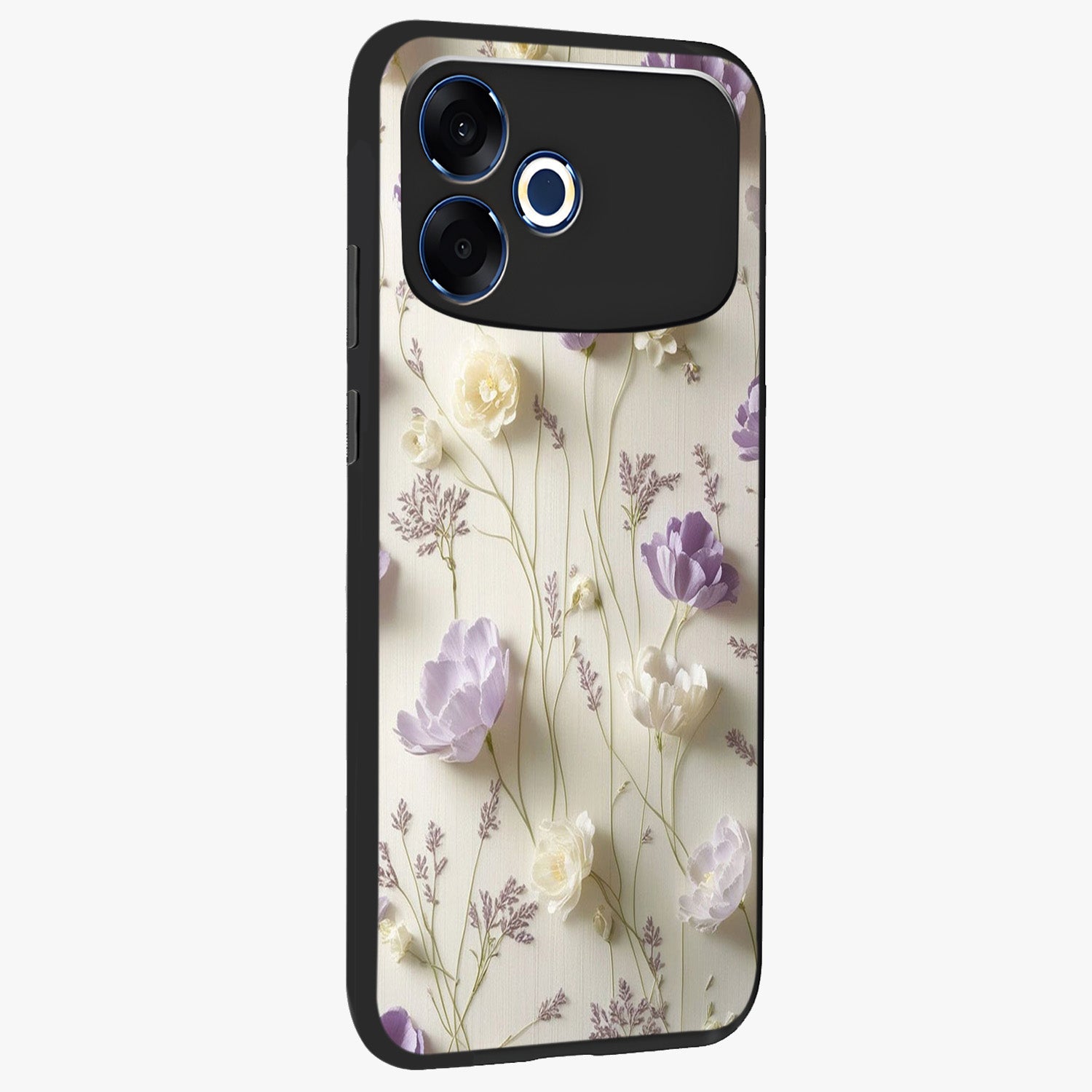 Lilac Breeze Harmony Glass Case upright view showcasing delicate lilac artwork with peaceful floral theme.