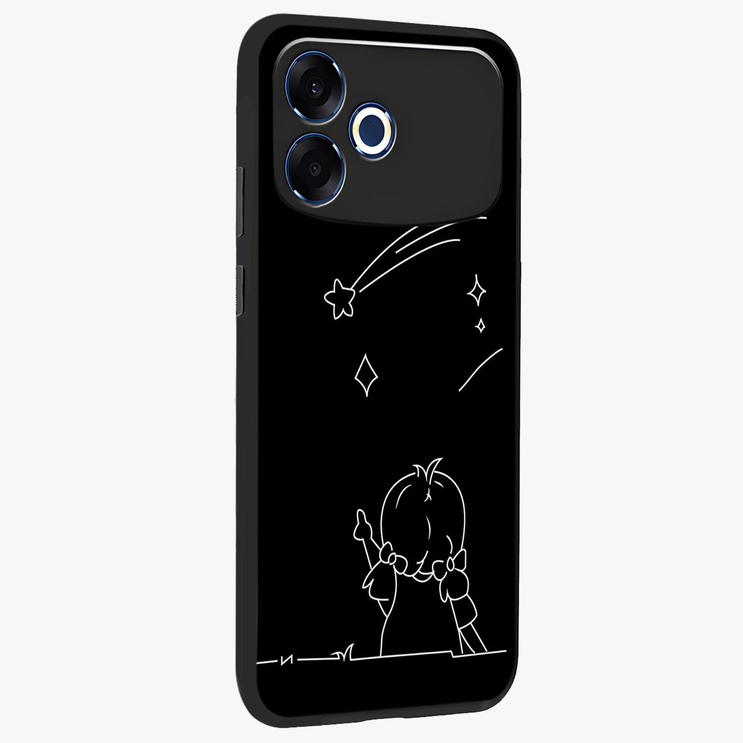 Line Art Girl With Shooting Stars Glass Case upright view showcasing delicate shooting stars artwork with minimal artistic theme.