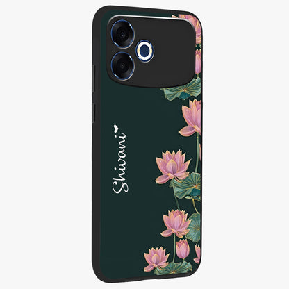 Lotus Bloom Serenity Custom Name Glass Case upright view showcasing serene lotus bloom artwork with personalized floral aesthetic.
