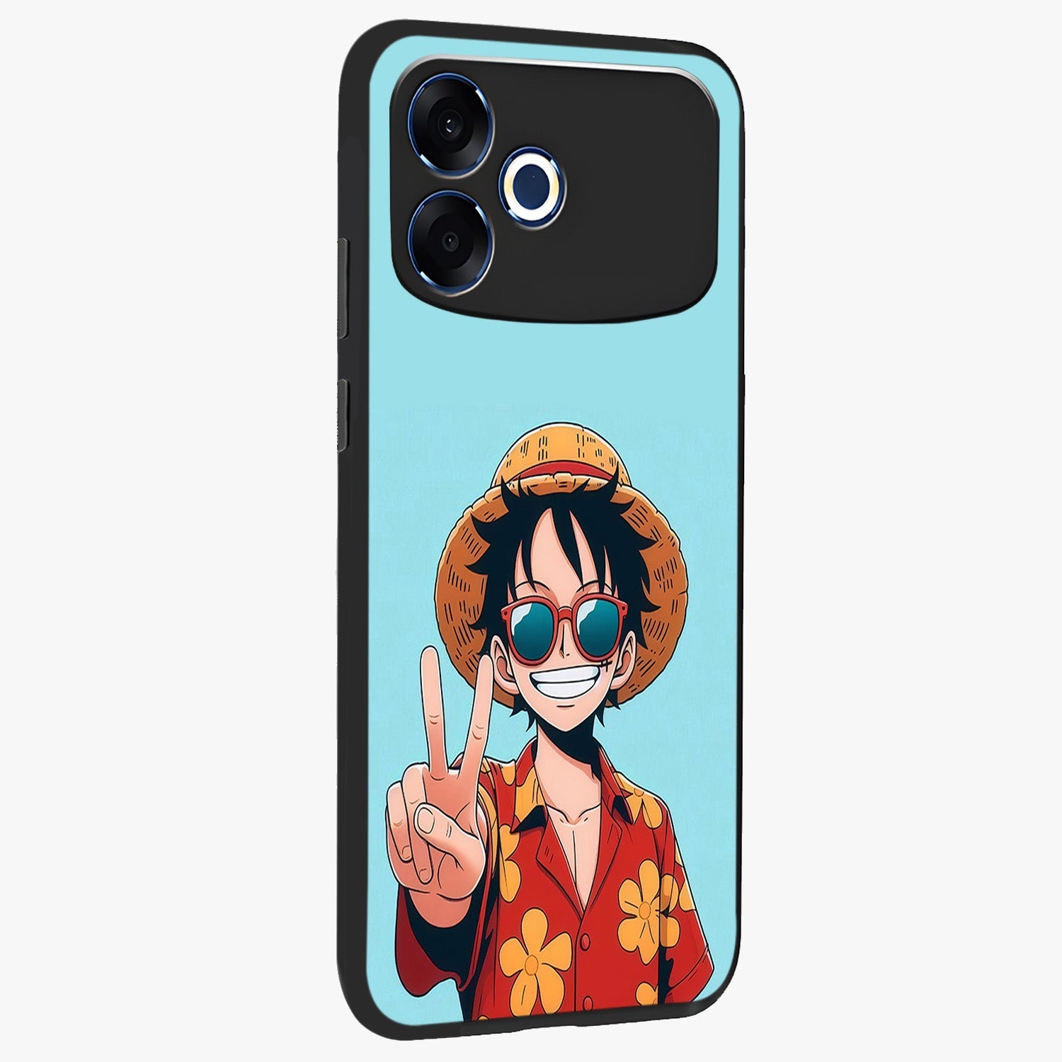 Luffy Summer Anime Vibe Glass Case upright view showcasing dynamic anime artwork with bright adventurous theme.