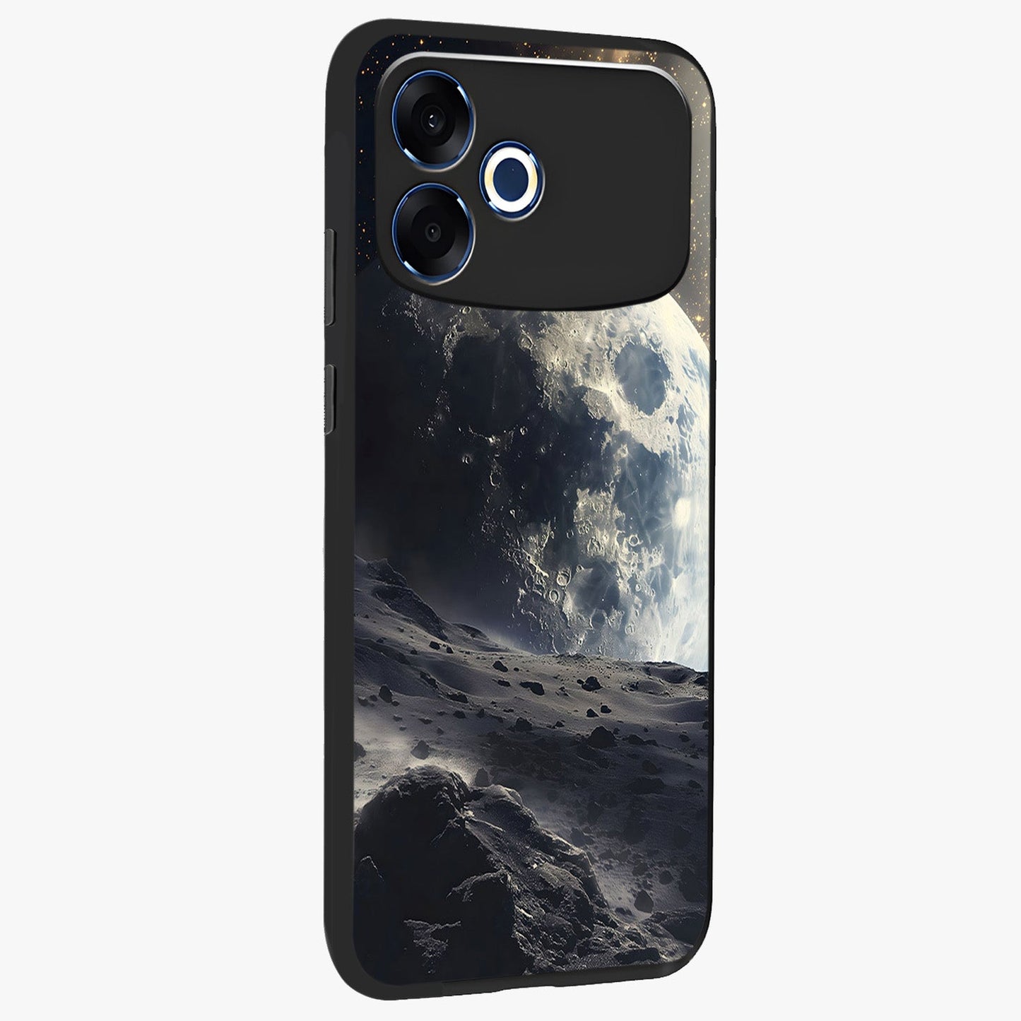 Lunar Horizon Glow Glass Case upright view showcasing radiant lunar artwork with calm cosmic theme.