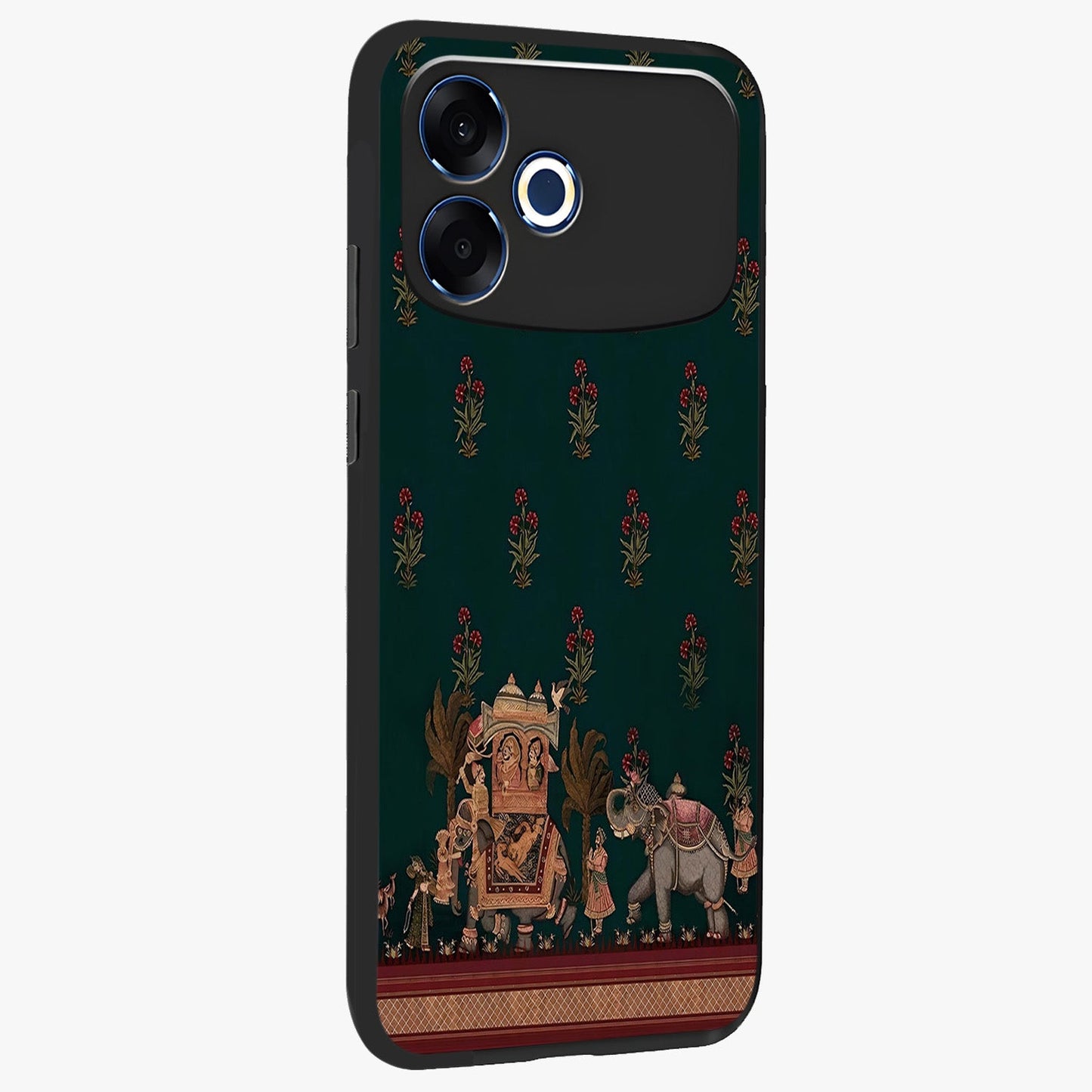 Macmerise Glass Case upright view showcasing bold artistic artwork with contemporary design theme.