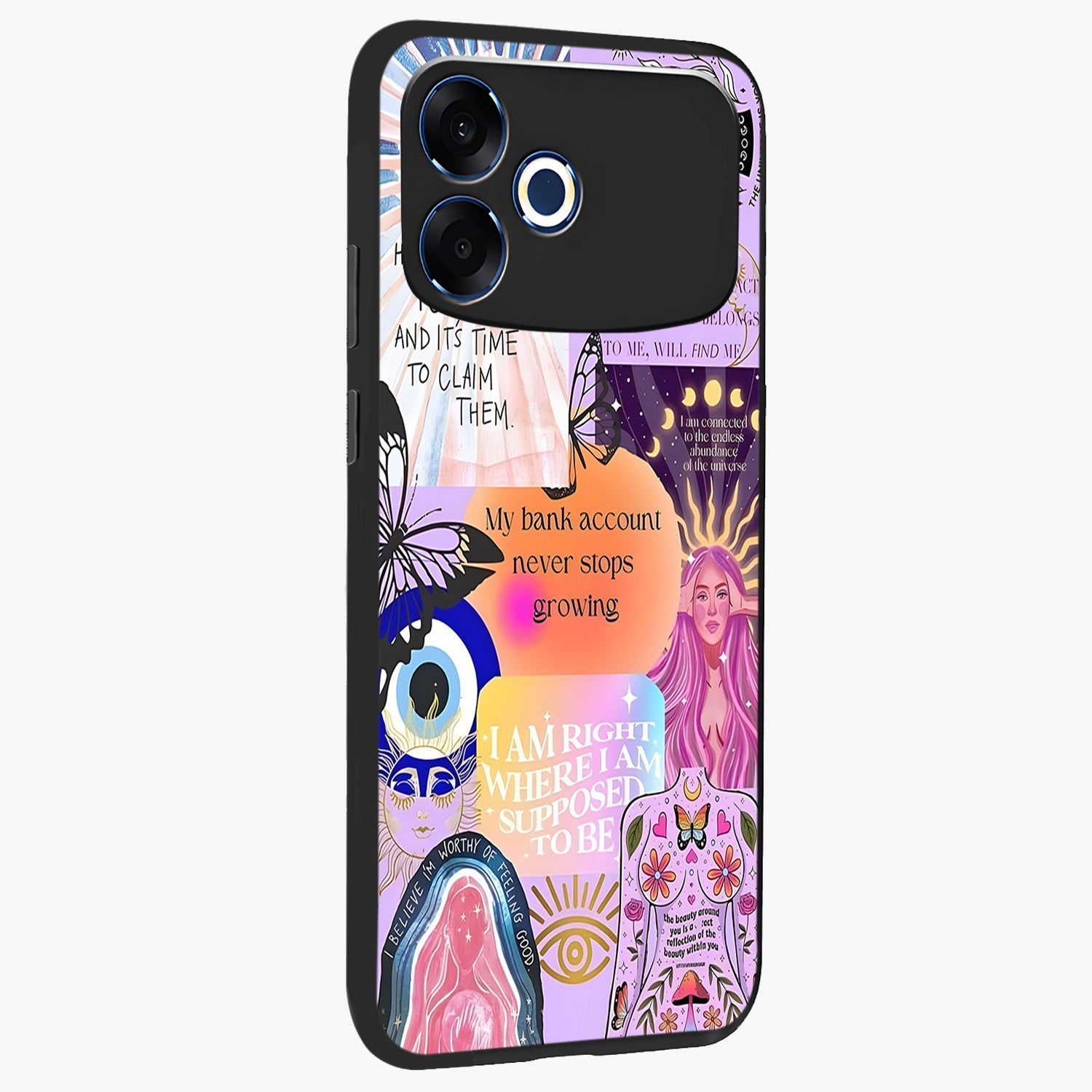 Manifestation Collage Glass Case upright view showcasing artistic manifestation themed artwork with creative style.