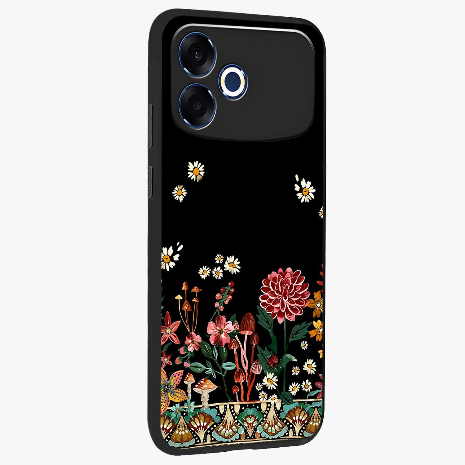 Midnight Bloom Pattern Glass Case upright view showcasing decorative floral artwork with deep night themed palette.