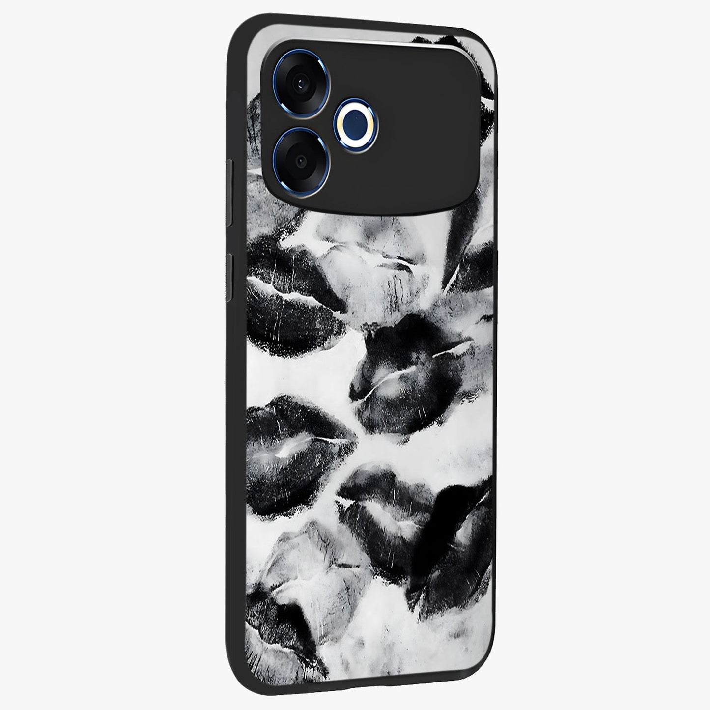 Midnight Kiss Marks Glass Case upright view showcasing stylish kiss mark artwork with trendy romantic theme.