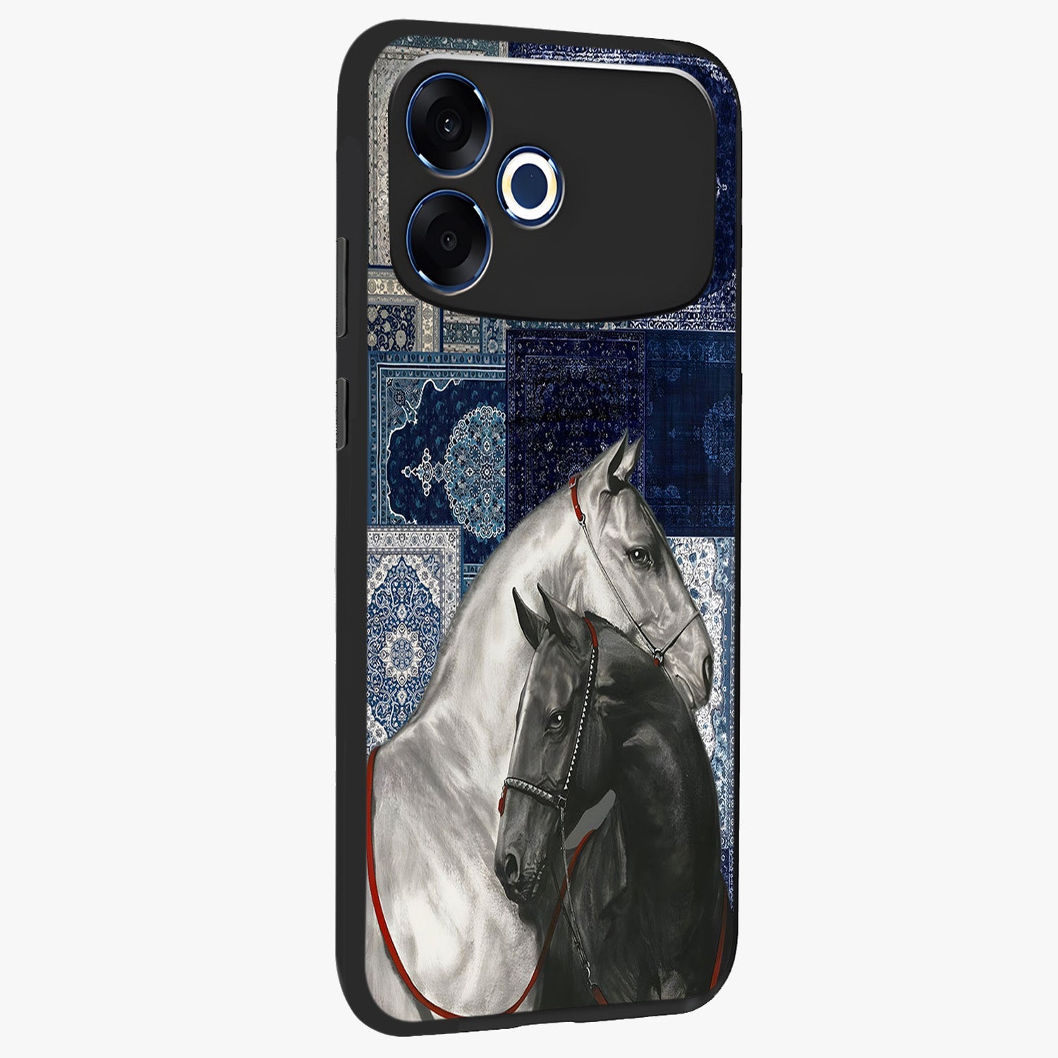 Midnight Stallion Blues Glass Case upright view showcasing dramatic horse artwork with bold artistic theme.