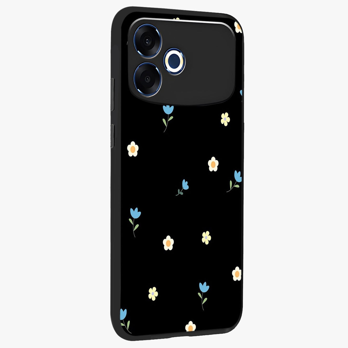 Minimal Petal Whispers Glass Case upright view showcasing elegant floral artwork with modern minimalist style.