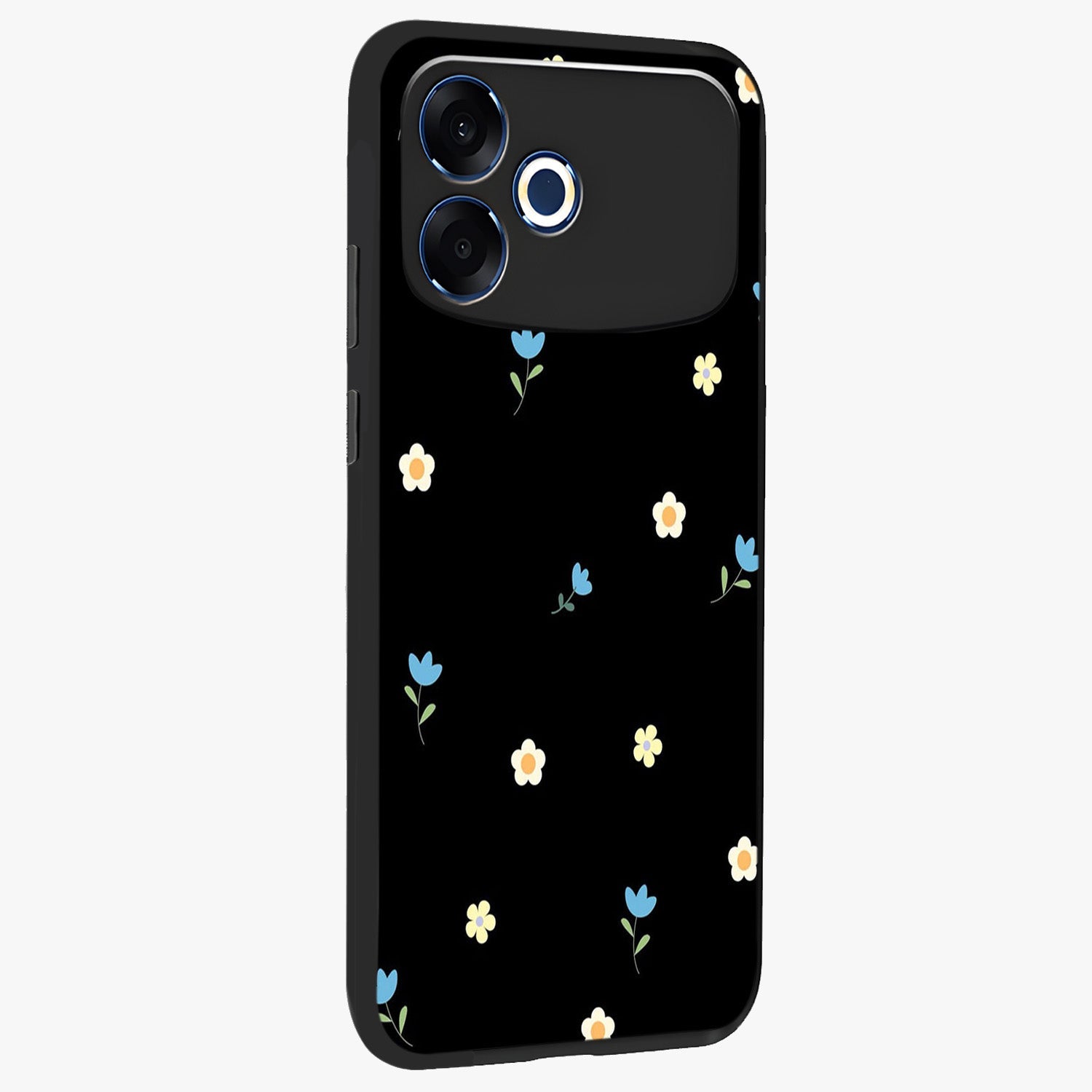 Minimal Petal Whispers Glass Case upright view showcasing elegant floral artwork with modern minimalist style.