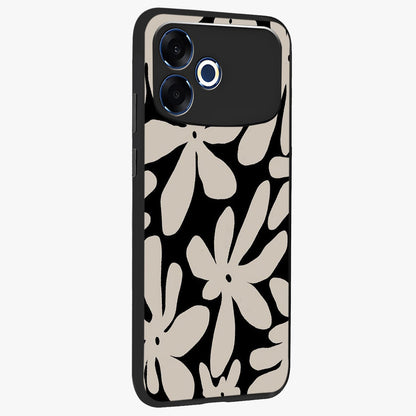 Monochrome Petal Dance Glass Case upright view showcasing artistic floral pattern with stylish monochrome theme.