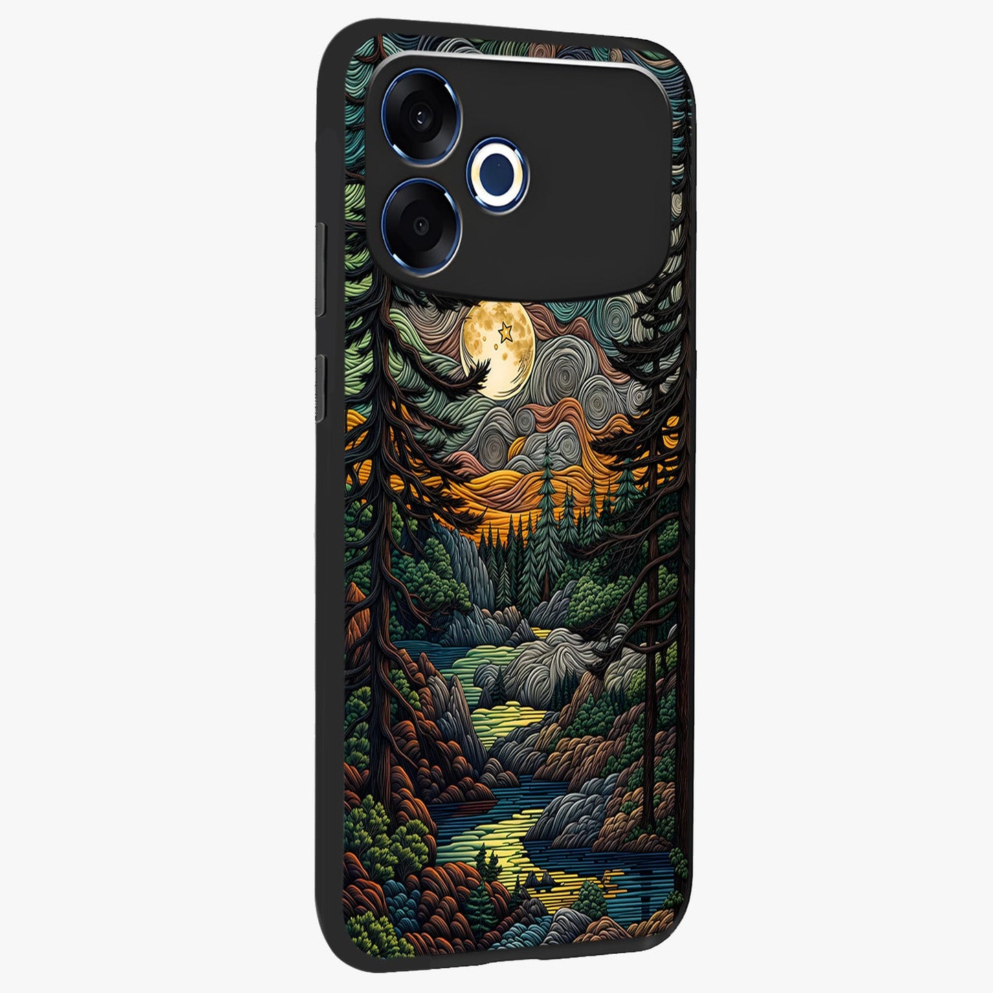 Moonlight Forest Dream Glass Case upright view showcasing magical forest artwork with calm night theme.