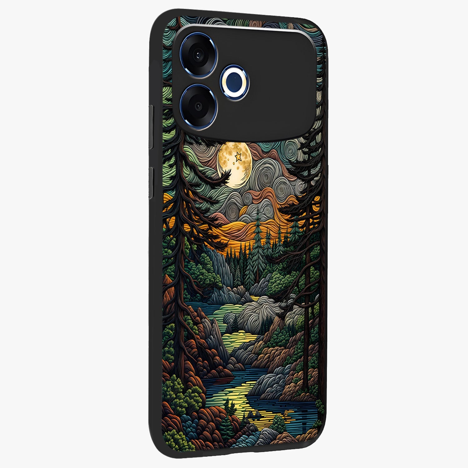 Moonlight Forest Dream Glass Case upright view showcasing magical forest artwork with calm night theme.