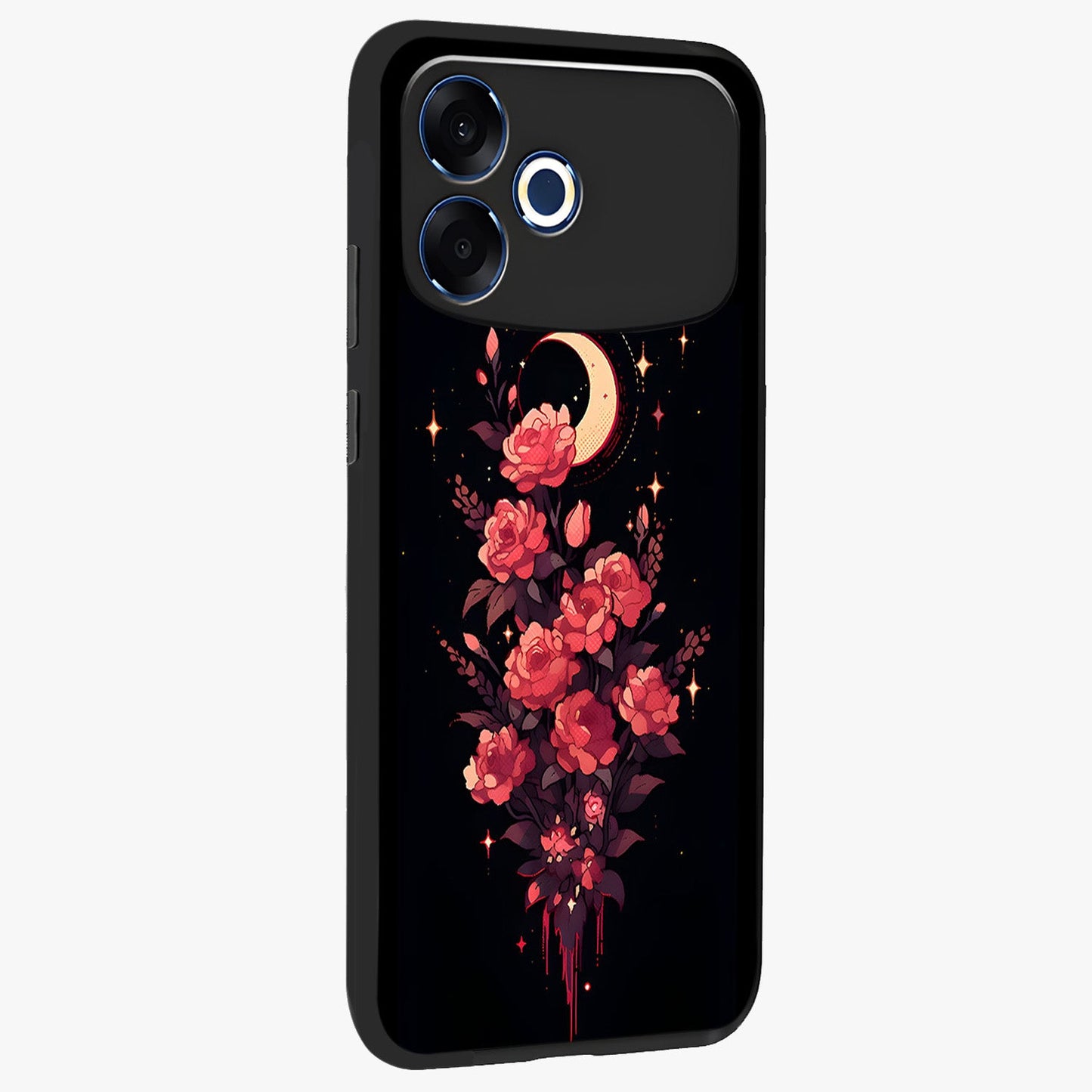 Moonlit Floral Elegance Glass Case upright view showcasing delicate floral artwork with refined night inspired theme.
