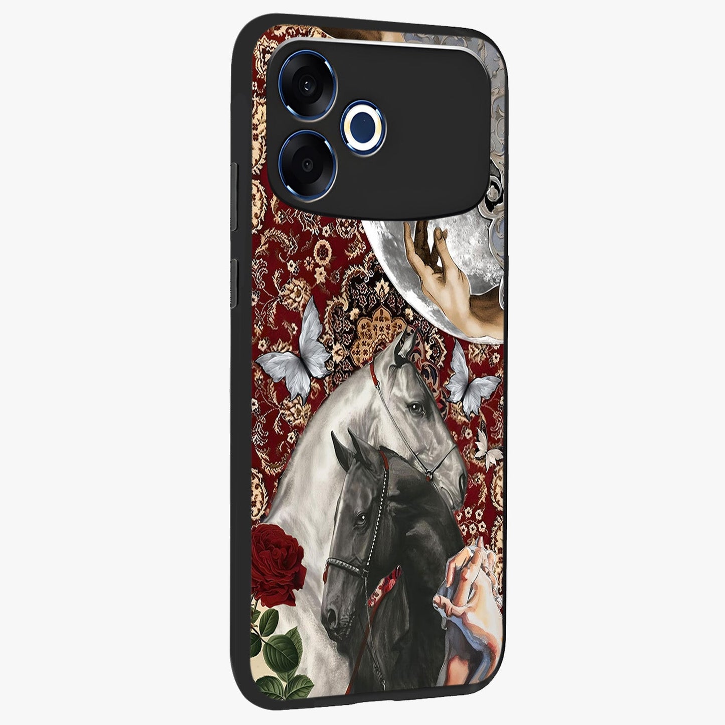 Moonlit Royal Stallion Glass Case upright view showcasing dramatic horse artwork with glowing moon themed design.