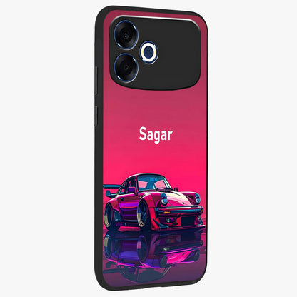 Neon Pink Porsche Glass Case upright view showcasing vibrant sports car artwork with bold automotive theme.