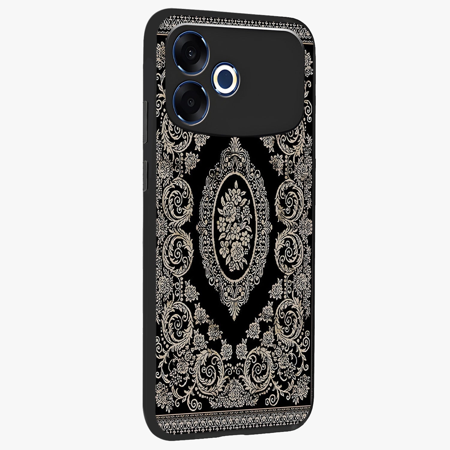 Noir Bloom Elegance Glass Case upright view showcasing graceful floral artwork with luxurious dark theme.