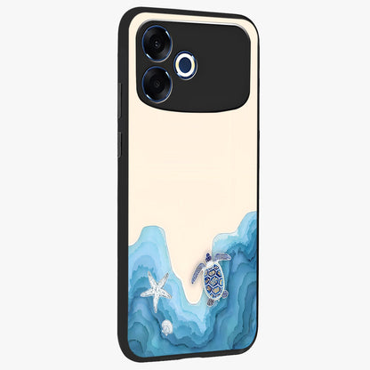 Ocean Drift Turtle Glass Case upright view showcasing calm underwater turtle artwork with nature inspired theme.