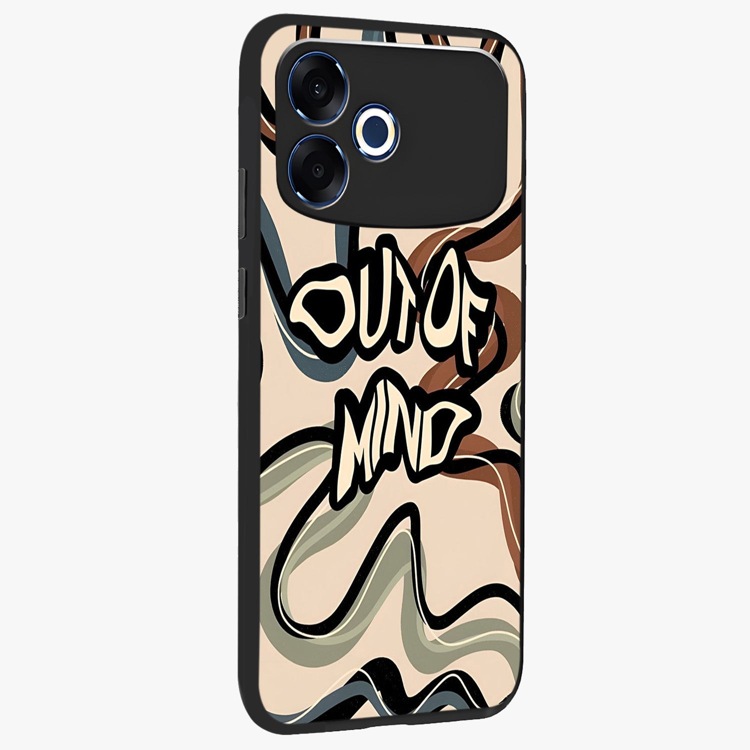 Out Of Mind Glass Case upright view showcasing striking typography artwork with edgy conceptual theme.