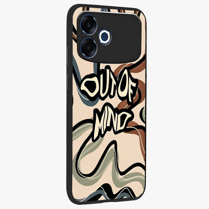Out Of Mind Glass Case upright view showcasing striking typography artwork with edgy conceptual theme.