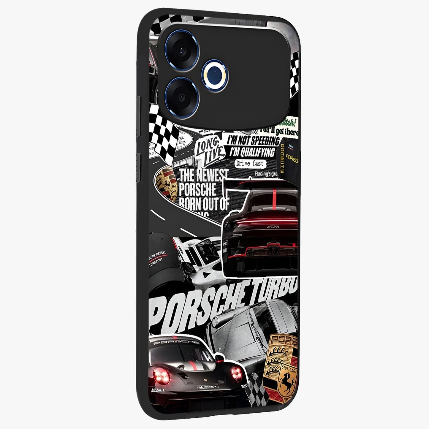 Porsche Racing Collage Glass Case upright view showcasing energetic car collage artwork with high speed racing theme.