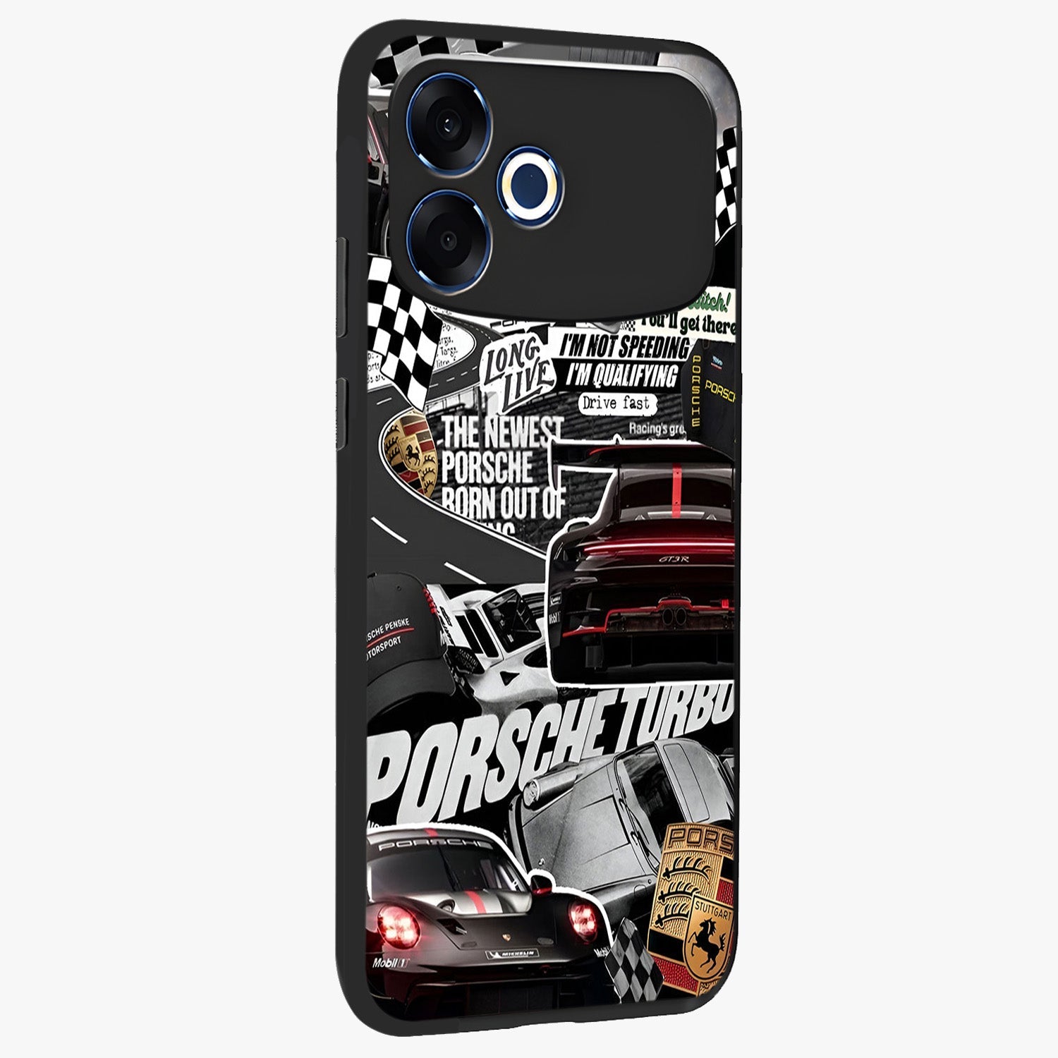 Porsche Racing Collage Glass Case upright view showcasing energetic car collage artwork with high speed racing theme.