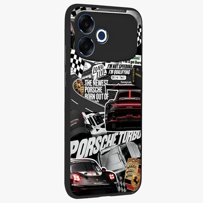 Porsche Racing Collage Glass Case upright view showcasing energetic car collage artwork with high speed racing theme.