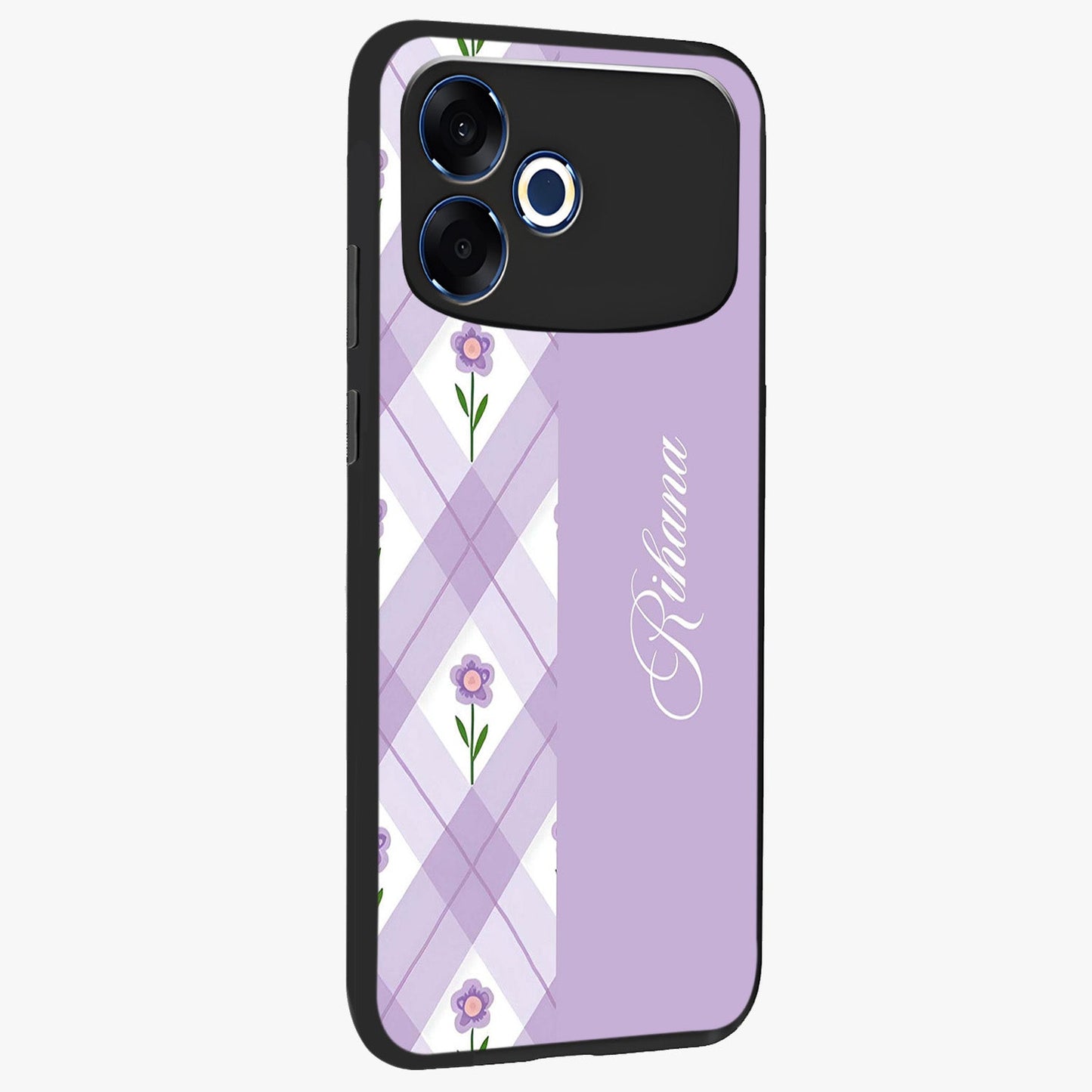 Purple Diamond Floral Glass Case upright view showcasing vibrant floral artwork with stylish geometric theme.