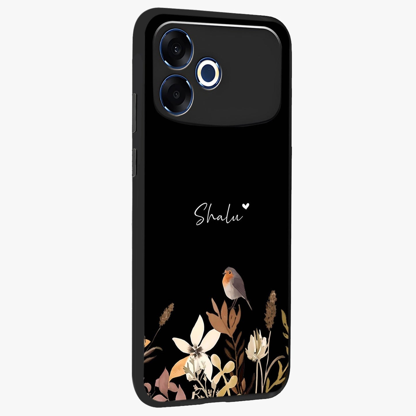 Quiet Garden Tune Custom Name Glass Case upright view showcasing serene botanical artwork with personalized aesthetic.
