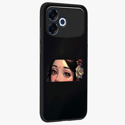 Radha Divine Embrace Glass Case upright view showcasing sacred Radha themed artwork with peaceful devotional style.