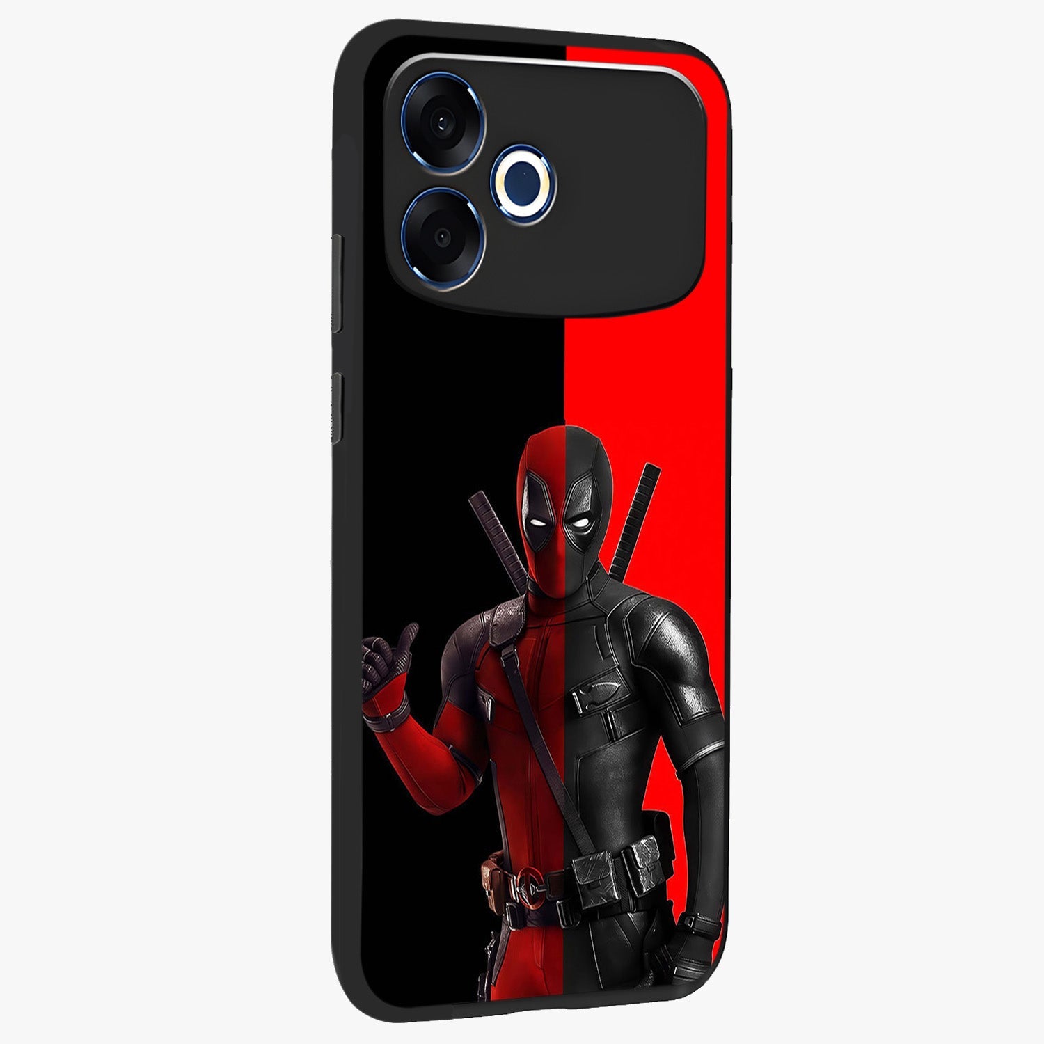 Red & Black Deadpool Theme Glass Case upright view showcasing energetic comic themed artwork with striking red and black design.