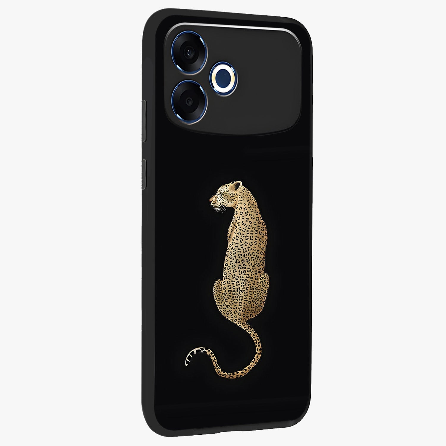 Regal Leopard Glass Case upright view showcasing striking leopard artwork with fierce wildlife theme.