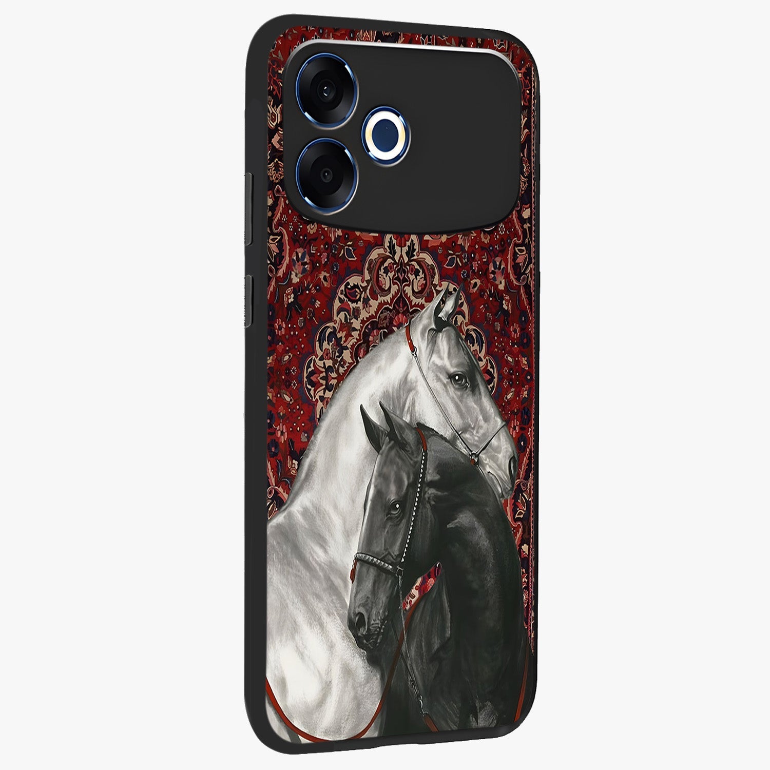 Regal Stallion Tapestry Glass Case upright view showcasing powerful horse artwork with elegant tapestry theme.