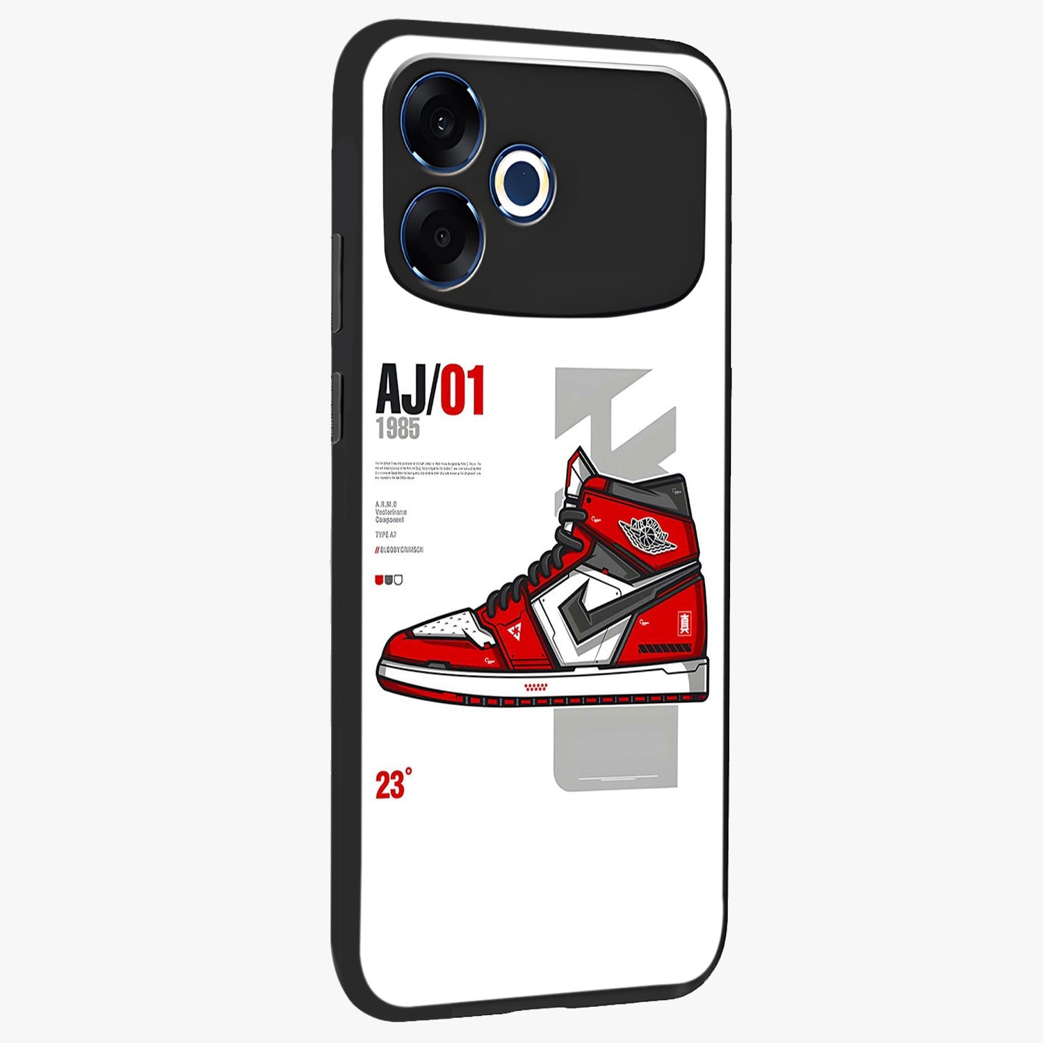 Retro Sneaker Blueprint Glass Case upright view showcasing stylish sneaker illustration with vintage streetwear theme.
