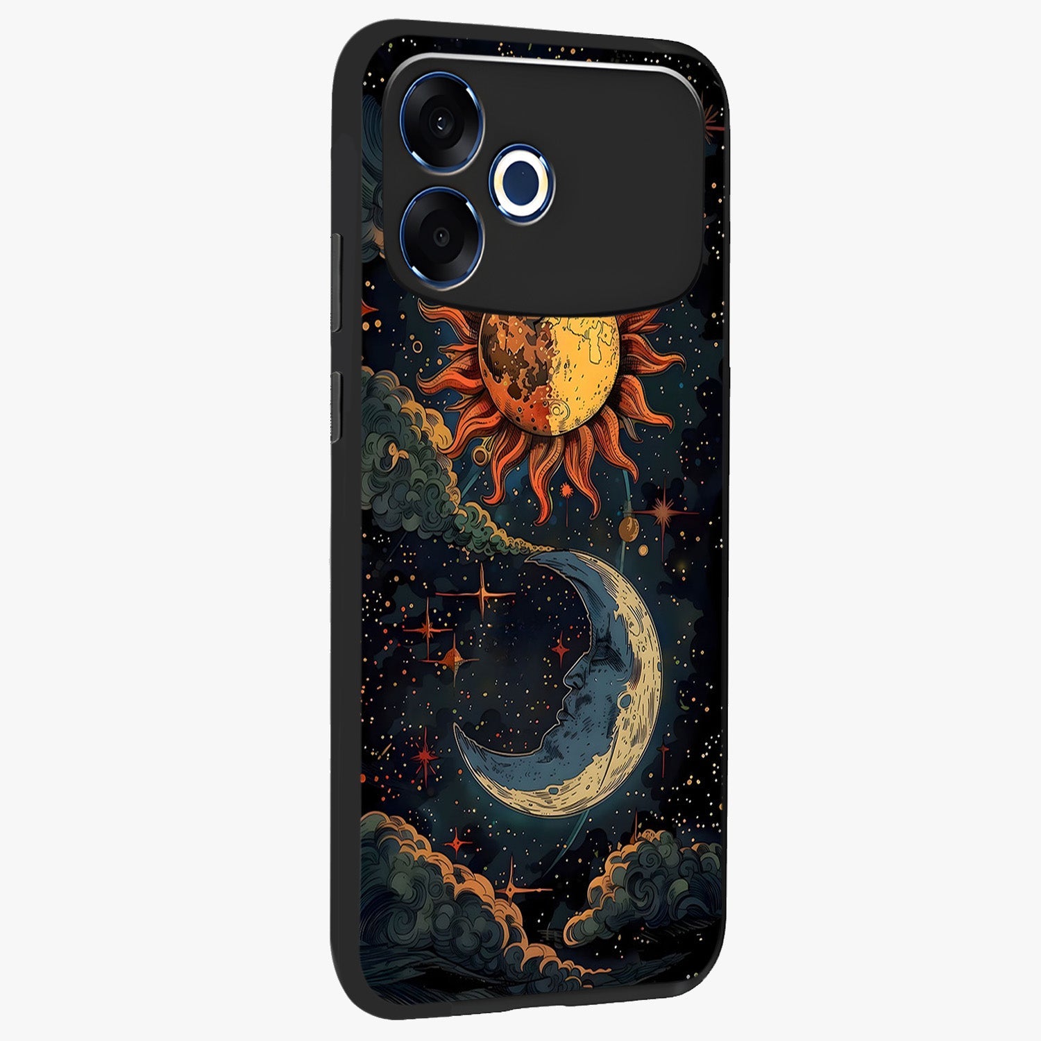 Sun And Moon Magic Design Glass Case upright view showcasing decorative sun and moon artwork with spiritual celestial theme.