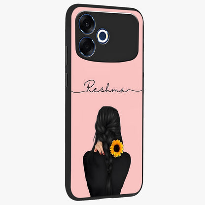 Sunflower Braid Beauty With Custom Name Glass Case upright view showcasing bright sunflower artwork with personalized floral aesthetic.