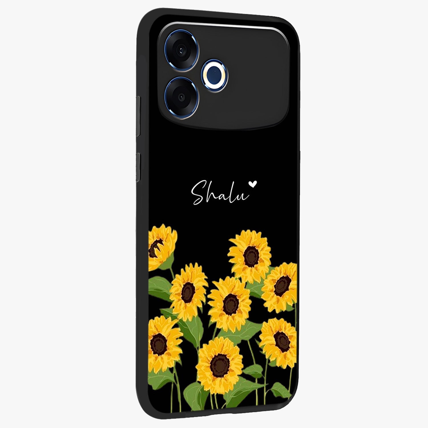 Sunflower Chic Mood Custom Name Glass Case upright view showcasing cheerful sunflower artwork with trendy floral theme.