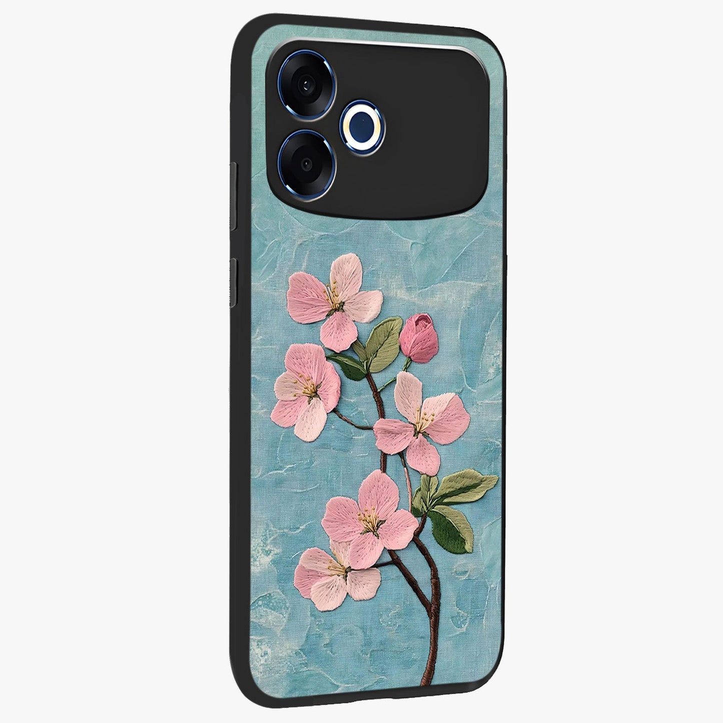 Threaded Blossom Breeze Glass Case upright view showcasing graceful flower artwork with calm botanical theme.