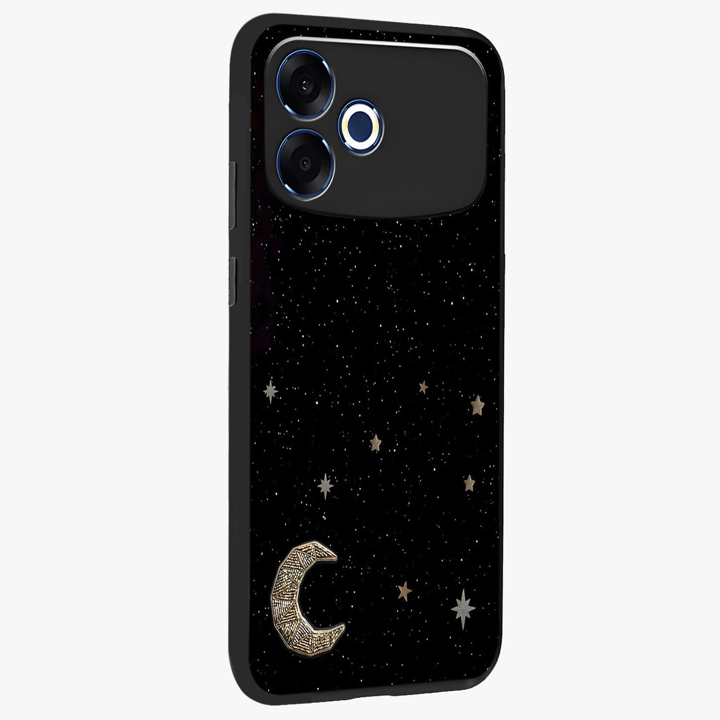 Twinkle Star With Half Moon Glass Case upright view showcasing glowing cosmic artwork with dreamy night theme.